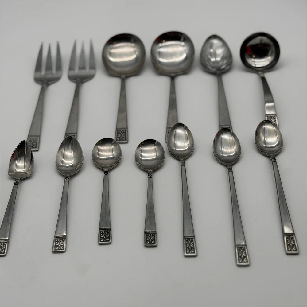 Vintage Japan Stainless Ornate Scroll Flatware & Serving Utensil Lot 13 Pieces